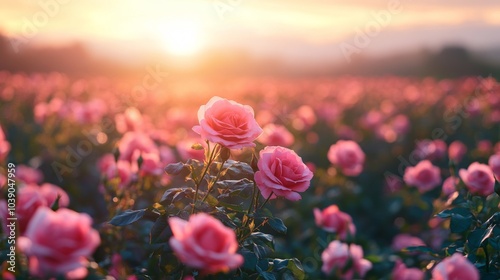Pink Roses in a Field at Sunset
