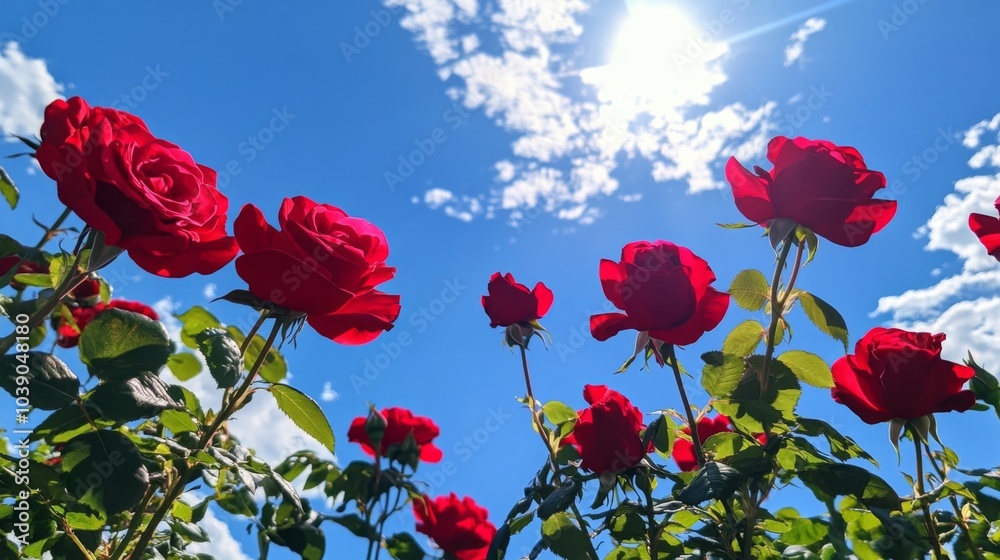 Obraz premium Red Roses Blooming Against a Bright Blue Sky with White Clouds