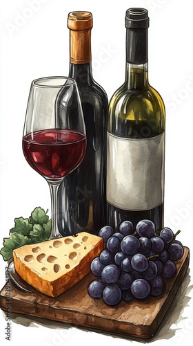 Shows two wine bottles, a glass of red wine, grapes, a cheese wedge, and green leaves on wood
