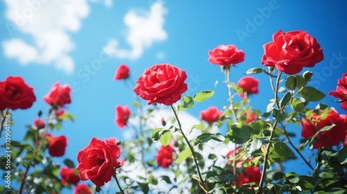 Vibrant Red Roses Blooming Against a Clear Blue Sky