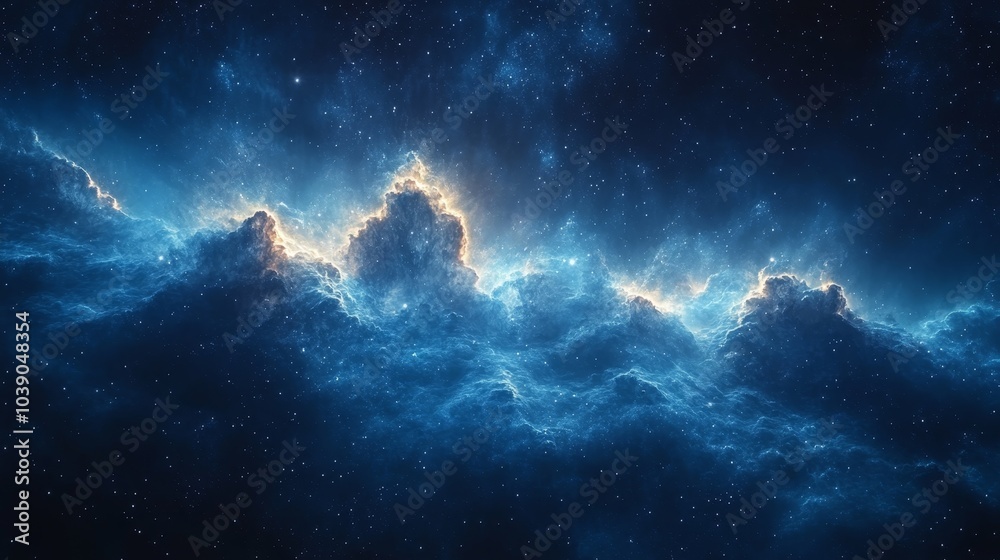 Obraz premium Stunning cosmic scene with glowing clouds and twinkling stars in a deep blue celestial landscape