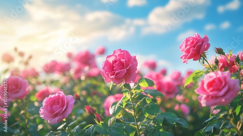 Pink Roses Blooming in a Field Under a Sunny Sky