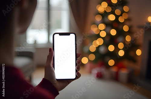 female hand holding a smartphone with a blank screen in the background a house decorated for Christmas in the evening photo