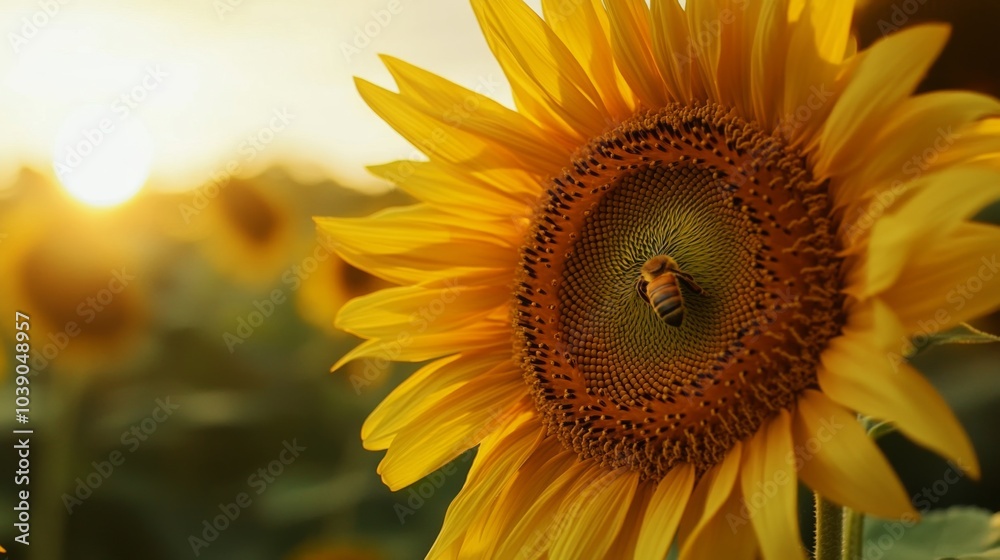 Naklejka premium A Honeybee Gathering Pollen on a Sunlit Sunflower