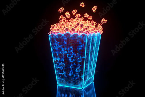 Neon popcorn box with popping kernels isotated on black background. photo