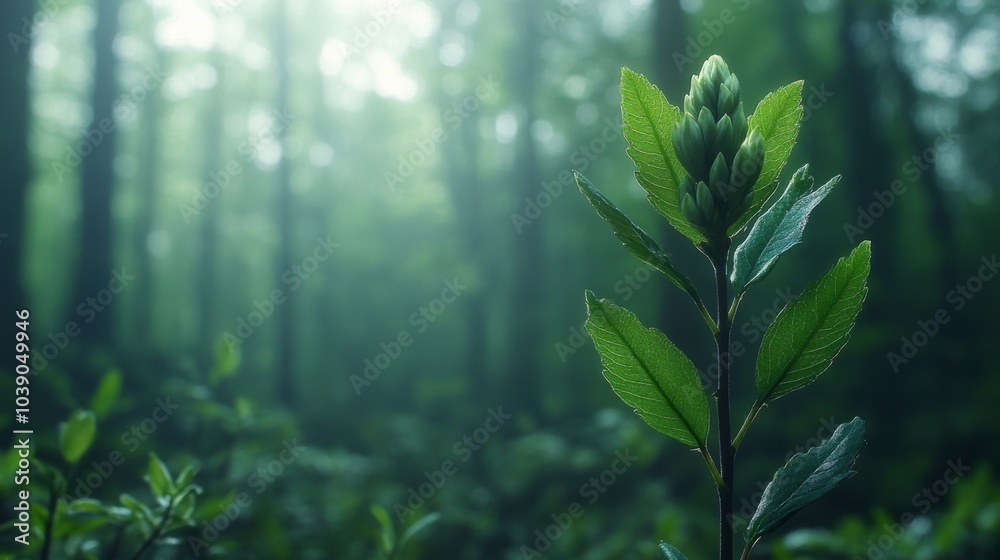Naklejka premium A Single Plant Growing in a Misty Forest