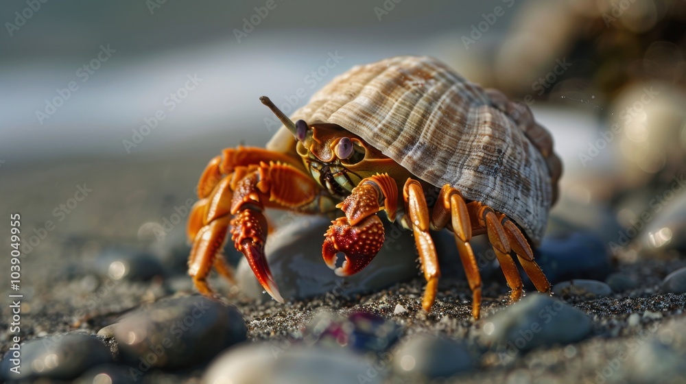 Colorful Hermit Crab Emerging from Shell on Sandy Beach Colorful Hermit Crab Emerging from Shell on Sandy Beach