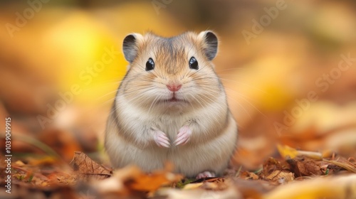 Adorable Golden Hamster Standing Alert on Wooden Surface