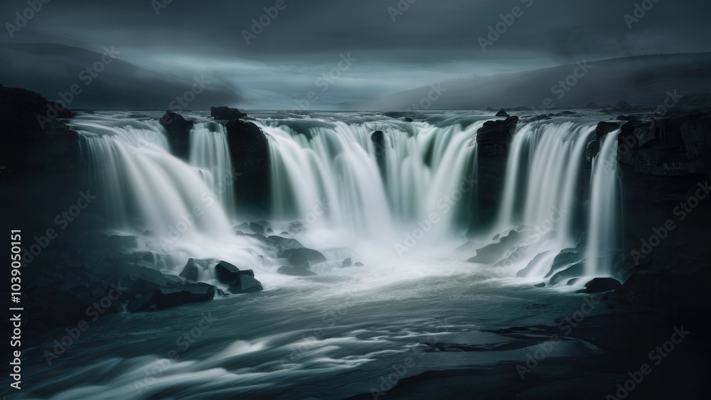 Dramatic waterfall flowing into a calm river, overcast sky and rugged cliff Dramatic waterfall flowing into a calm river, overcast sky and rugged cliff