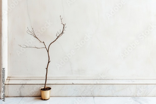 Bare Branch in a Gold Pot Against a White Marble Wall photo