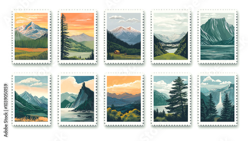 Illustration off nine scenic landscape postage stamps concept, Generative AI image .