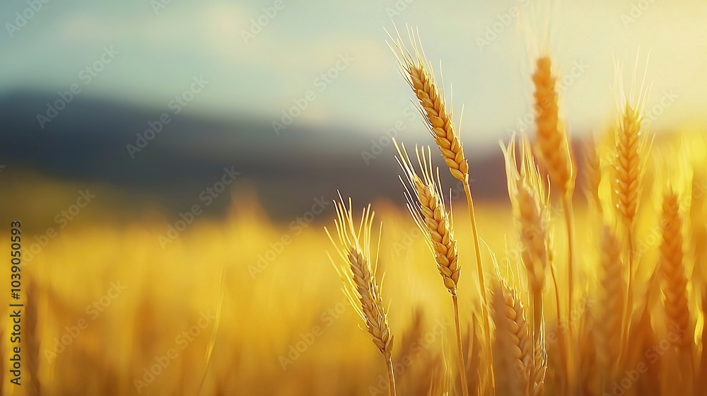 A wheat field in focus with a blue sky backdrop and a shining sunbeam leading the eye forward A wheat field in focus with a blue sky backdrop and a shining sunbeam leading the eye forward