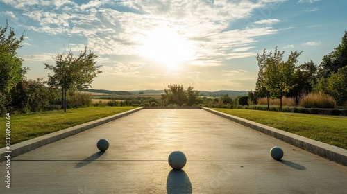 A tranquil outdoor bocce ball court with a smooth, well-maintained surface and neatly arranged balls, surrounded by lush greenery and a clear sky