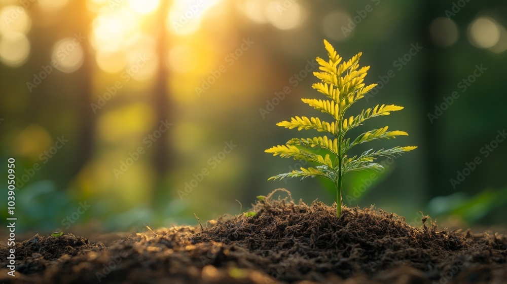 A Single Sapling Emerging from Soil with a Sunlit Bokeh Background A Single Sapling Emerging from Soil with a Sunlit Bokeh Background