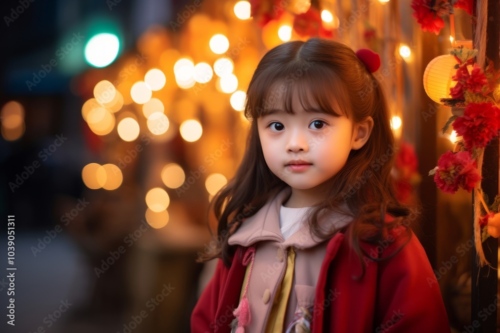 Little asian girl in chinese new year lanterns at night Little asian girl in chinese new year lanterns at night