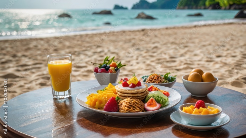 A table with a variety of food and drinks, including a glass of orange juice