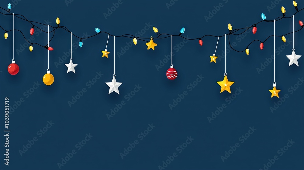 A Christmas lights strand dangling from a line of twinkling stars on a deep blue backdrop, adorned with red, yellow, and green decorations A Christmas lights strand dangling from a line of twinkling stars on a deep blue backdrop, adorned with red, yellow, and green decorations