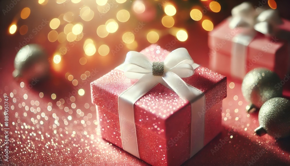 Trendy New Year background with Festive Holiday Gift Box with Golden Sparkles and Elegant Bow, Perfect for Christmas and New Year Celebrations Trendy New Year background with Festive Holiday Gift Box with Golden Sparkles and Elegant Bow, Perfect for Christmas and New Year Celebrations