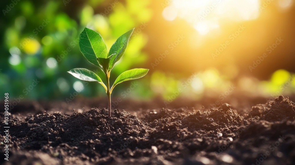 Fototapeta premium A Single Green Sprout Emerging from Rich Soil in Sunlight