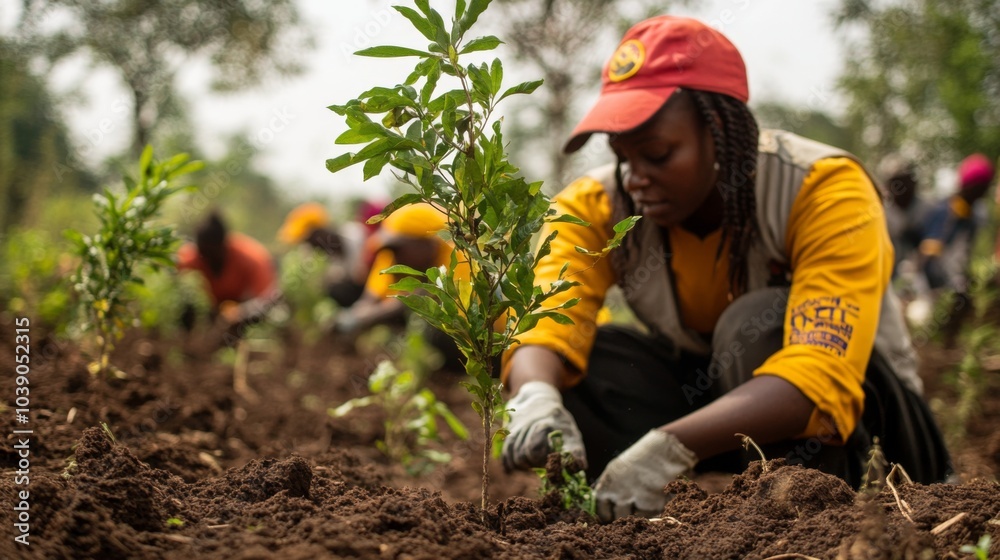 Fototapeta premium A Woman Planting a Sapling in a Field with Other Volunteers