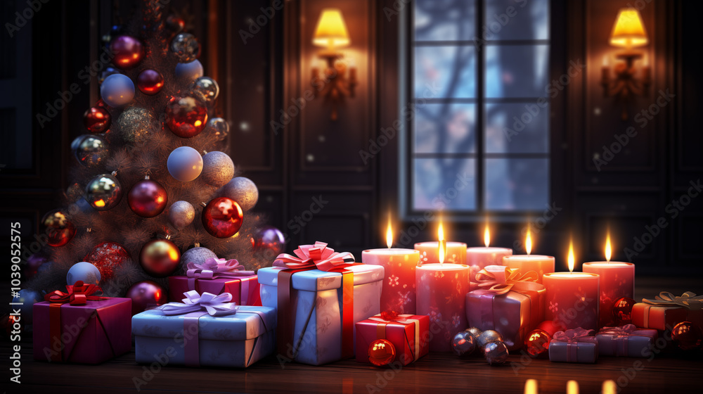 Christmas Gifts with Candles and Starry Background Christmas Gifts with Candles and Starry Background