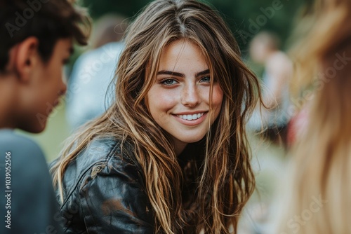 Close-up portrait of a smiling woman with long blonde hair, wearing a leather jacket