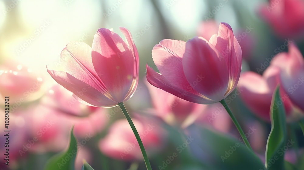 Fototapeta premium Soft Pink Tulips Illuminated by Sunlight in a Field of Flowers