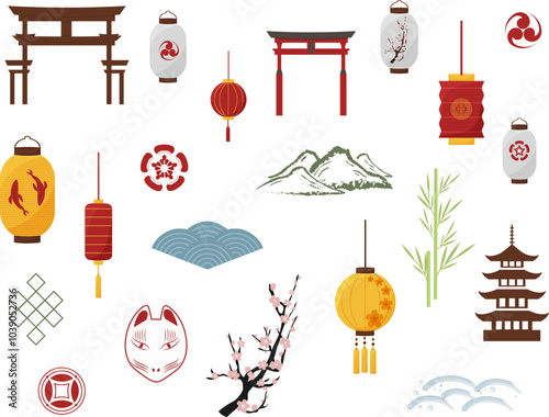 Traditional oriental elements. Set. Pagoda, waves, mountains, kitsune mask and koi carps, sakura, bamboo. Vector illustration