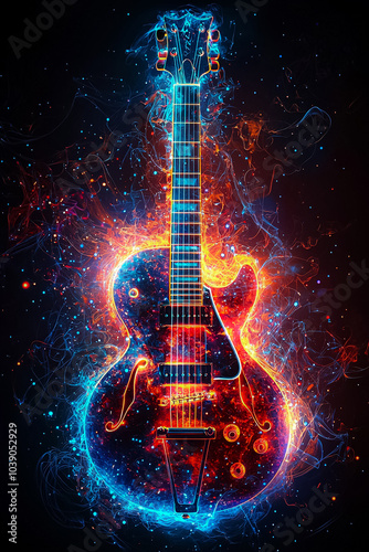 Acoustic Guitar in a Symphony of Colors: A vibrant abstract artwork, capturing the essence of music through a colorful explosion of paint and a solitary acoustic guitar.