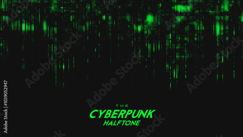 Abstract vector green cyberpunk halftone sound wave. Scrathed dotted texture element.