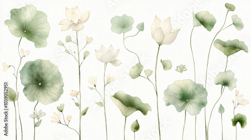 A series of watercolor flowers with green stems and white petals