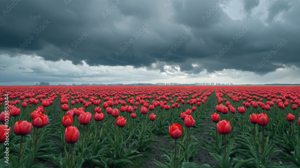 Fototapeta premium A Field of Red Tulips Under a Dramatic Cloudy Sky