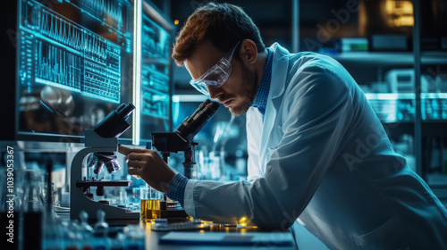 A scientist in a lab coat examining samples under a microscope