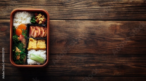 Delicious Japanese Bento Lunch Box on Rustic Wooden Background photo