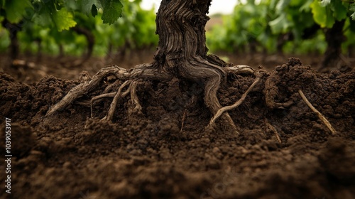 Close-up of Grapevine Roots in Soil with Blurred Green Vines in Background photo