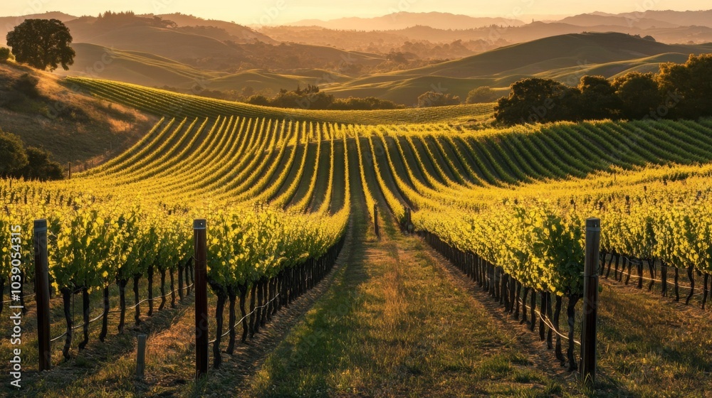 Fototapeta premium Vineyard Rows in Rolling Hills at Sunset