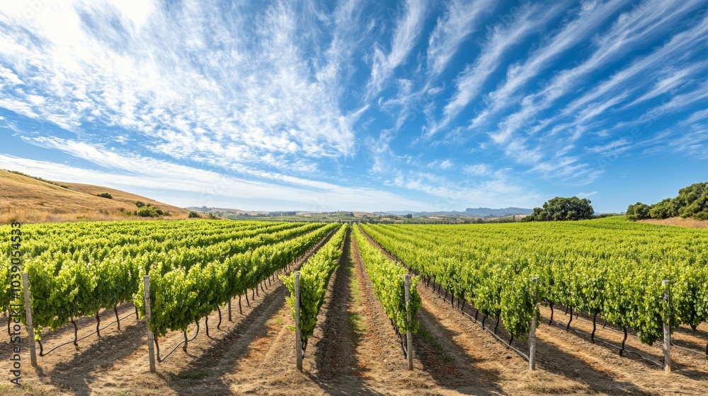 Lush Green Vineyard Rows Under a Blue Sky with White Wispy Clouds Lush Green Vineyard Rows Under a Blue Sky with White Wispy Clouds