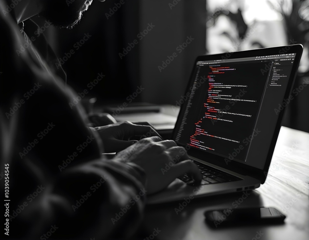 Digital technology, software development concept. Developing programmer, software developer coding computer code on laptop computer. Perfect for coding, IT solutions, applications, coding javascript Digital technology, software development concept. Developing programmer, software developer coding computer code on laptop computer. Perfect for coding, IT solutions, applications, coding javascript