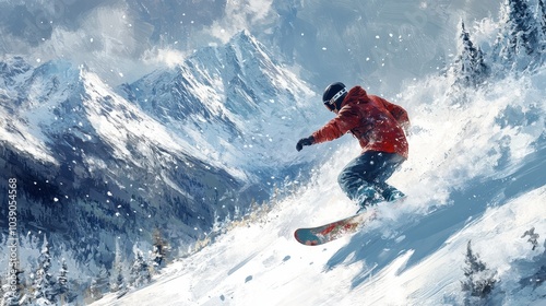 A Snowboarder Gliding Through Snowy Mountains, Embracing the Thrill of Alpine Adventure