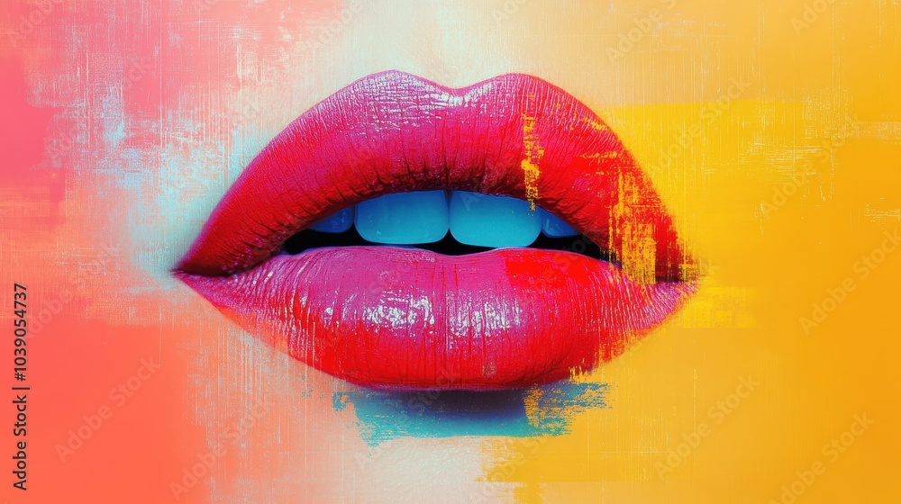 Abstract creative retro but contemporary pop art collage concept of female lips, red elegant lipstick. Colorful vivid vintage background. Generative AI.