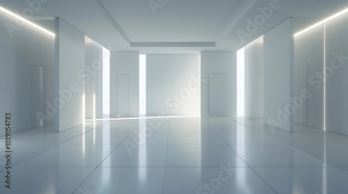 Empty, modern, white room with a glossy floor and three doorways.