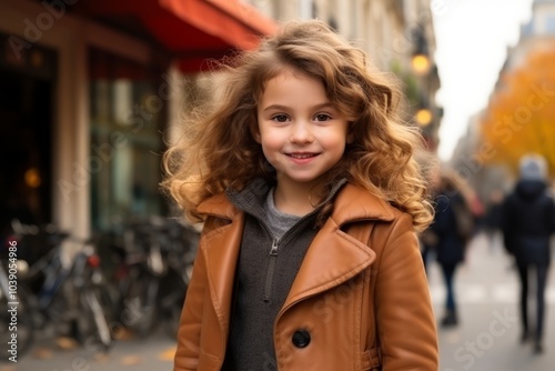 Outdoor portrait of cute little girl with curly hair wearing brown coat