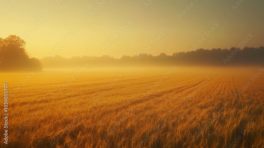 Golden Wheat Field with Foggy Sunrise and Silhouetted Trees Golden Wheat Field with Foggy Sunrise and Silhouetted Trees