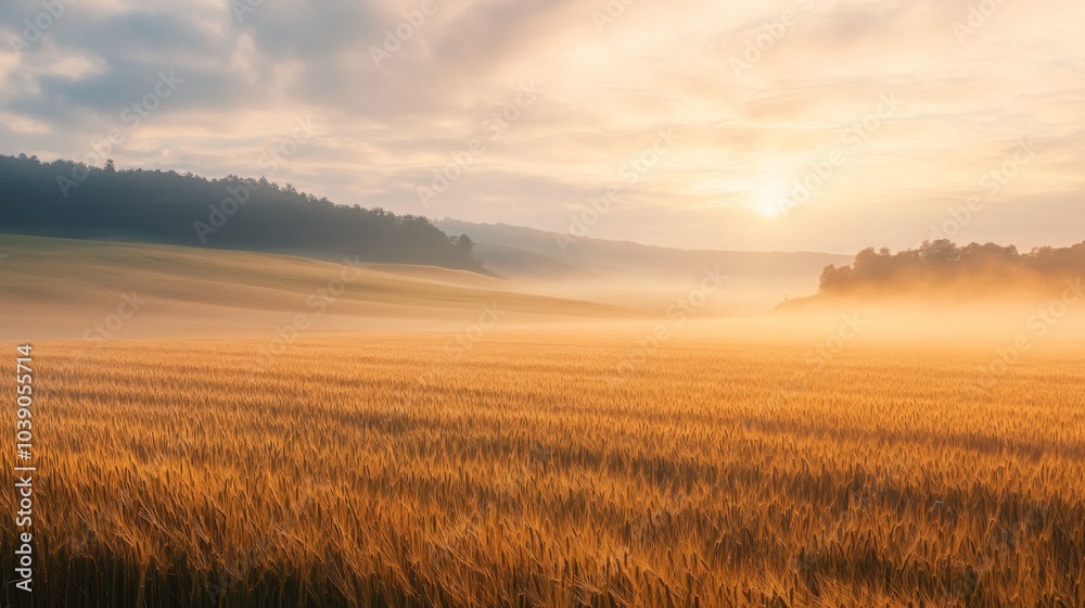 Golden Wheat Field at Sunrise with Fog and Distant Trees Golden Wheat Field at Sunrise with Fog and Distant Trees