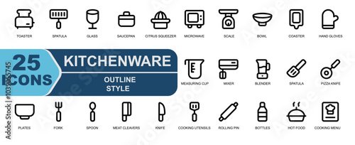 kitchenware icon collection.outline style.contains toaster,toast,spatula,glass,wine glass,saucepan,citrus squeezer,and more.