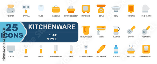 icon set kitchenware.flat style.contains citrus squeezer,mixer,blender,spatula,pizza knife,plates,forks.