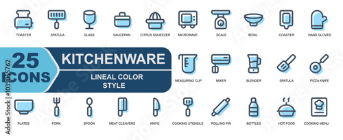 kitchenware collection icon. filled line style. lineal color icon. contains saucepan,citrus squeezer,microwave,grill,scale,bowl,coaster,hand gloves,measuring cup.