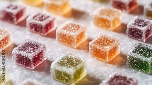 Colorful fruit jelly sugar candies lying on white surface