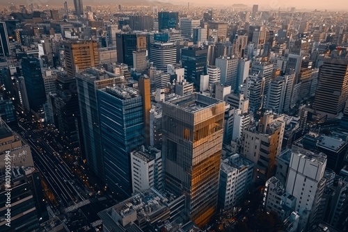 Aerial View of a Dense Urban Skyline with Tall Buildings and a Busy Road