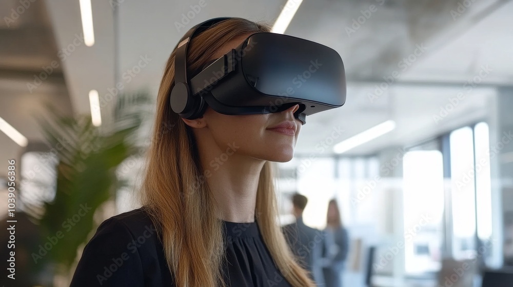Woman wearing a virtual reality headset in an office setting Woman wearing a virtual reality headset in an office setting